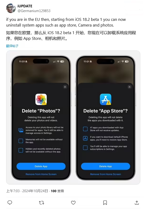 下城苹果手机维修分享iOS 18.2 支持删除 App Store 应用商店 