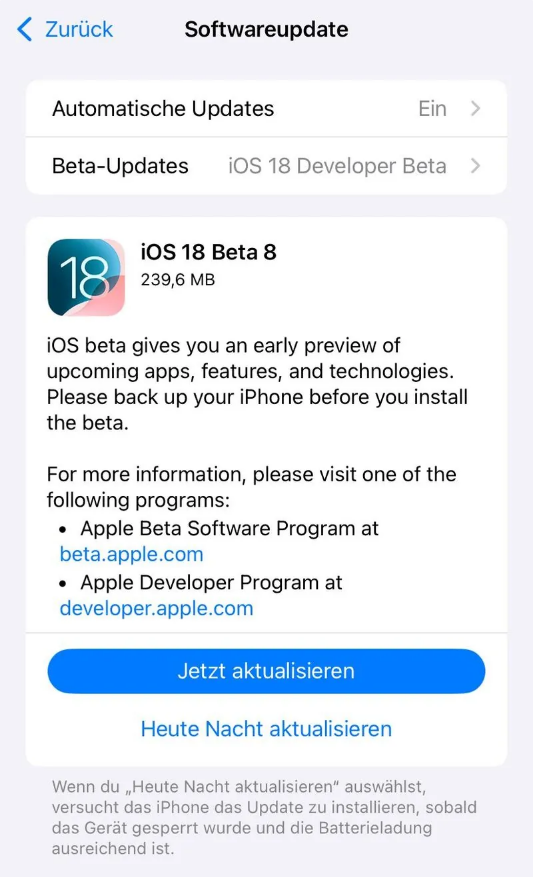 下城苹果手机维修分享苹果 iOS / iPadOS 18 开发者预览版 Beta 8 发布 